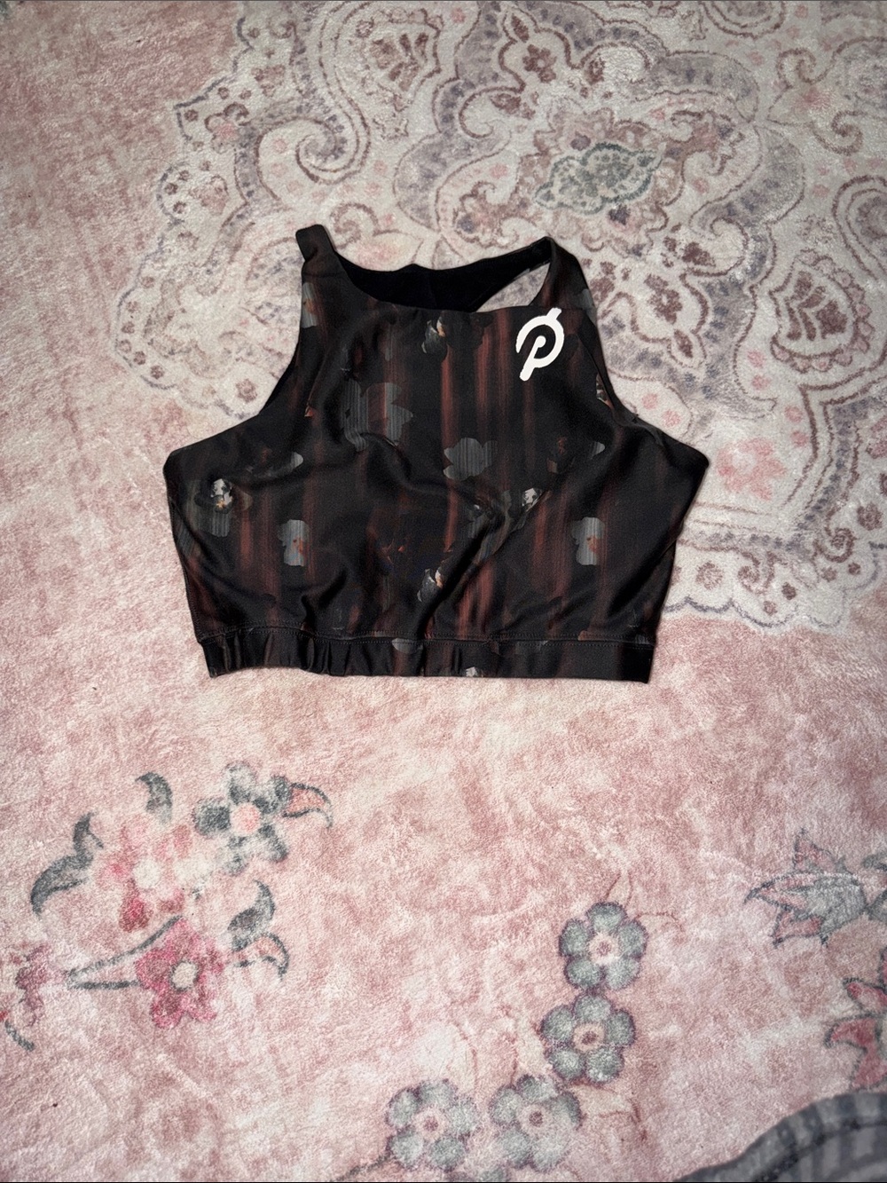 Peloton Black Sports Bra with Rust-Red Accent Stripes